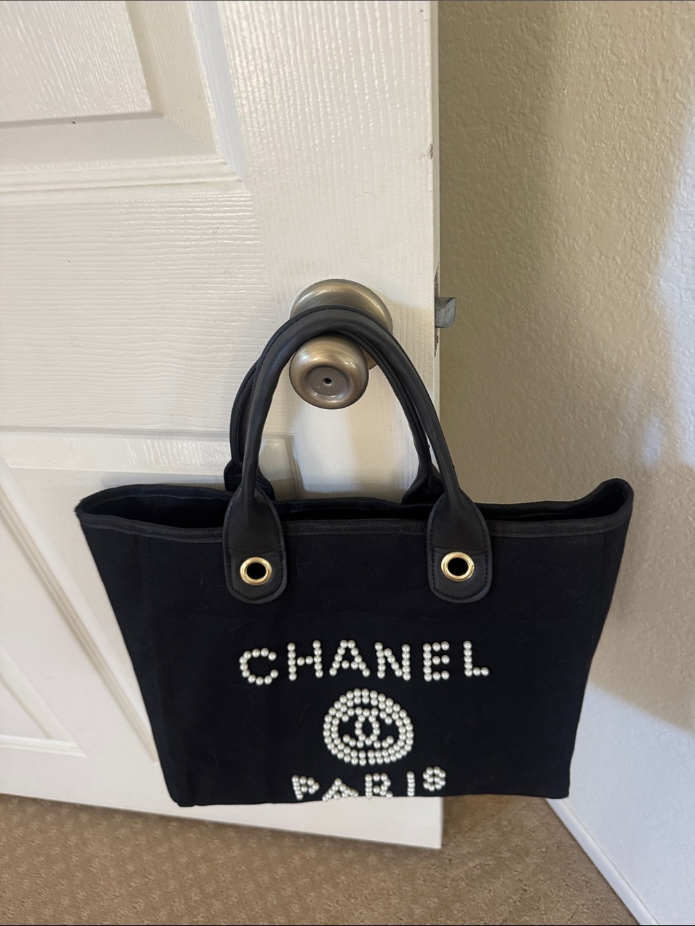 Black Tote Bag With Faux Pearl Accents